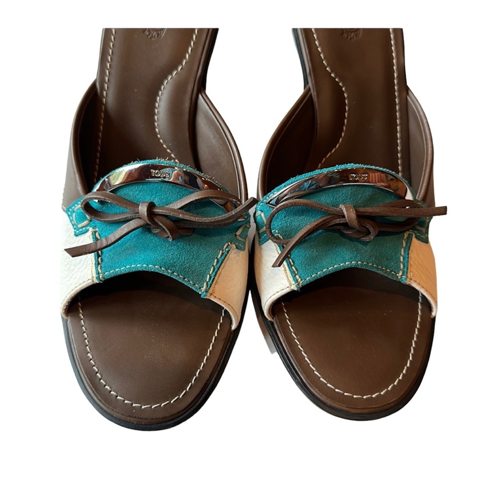 TOD’S vintage turquoise, brown and white leather slide, size 8 1/2 - Picture 8 of 11